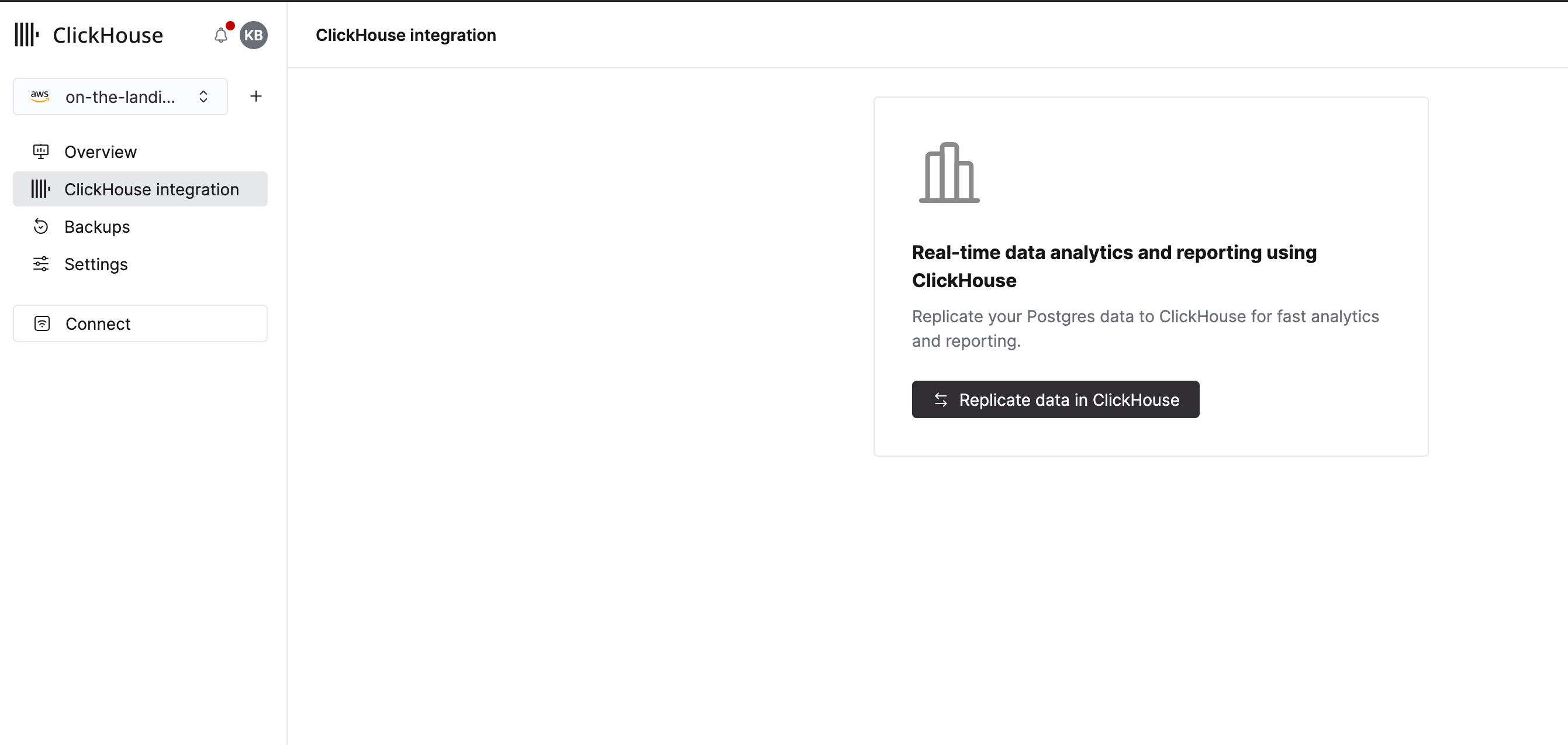 Целевая страница интеграции с ClickHouse, показывающая вариант интеграции в боковой панели