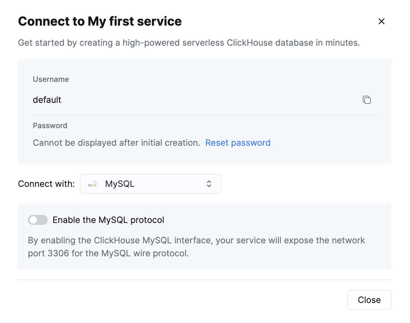 Экран подключения ClickHouse Cloud с выбранным вариантом MySQL